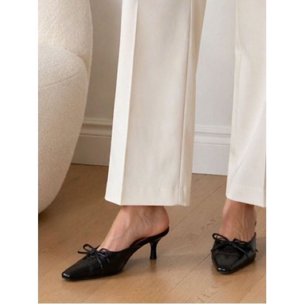 Vaneli Brown Leather Pointed-Toe Slip-On Heeled Mules with Bow